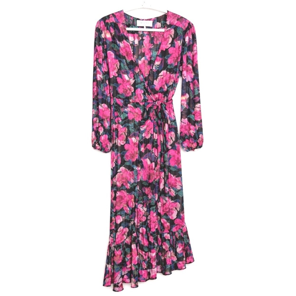 WAYF Floral Wrap Dress Large Pink Black Romantic Boho‎ Midi Long Sleeve